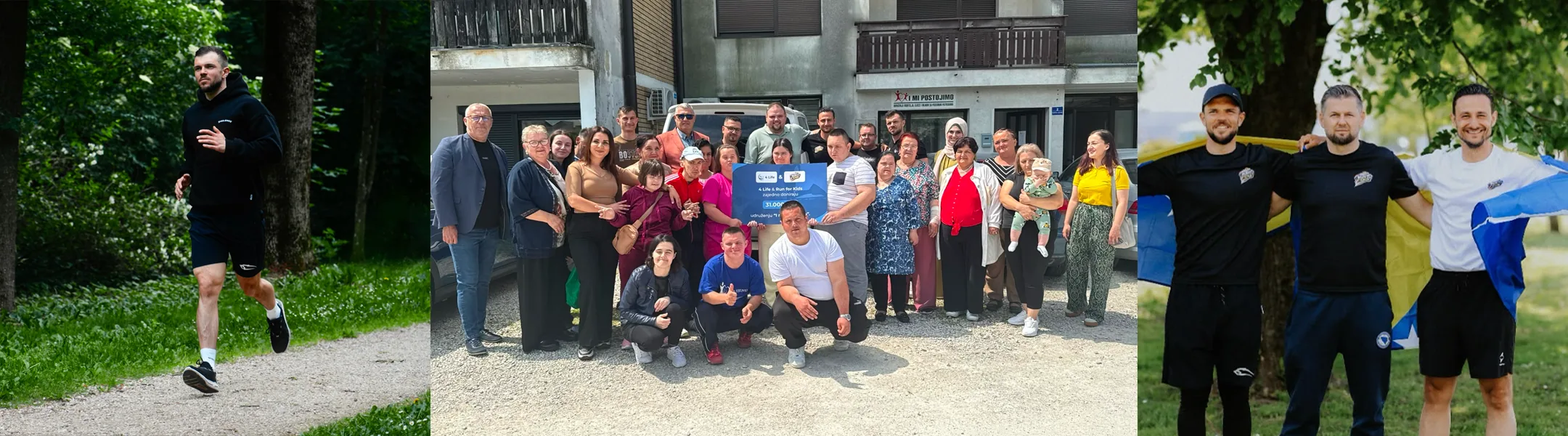 Run for Kids: Adnan beim Laufen, Spendenübergabe an ein Heim in Bosnien und das Team mit der bosnischen Flagge
